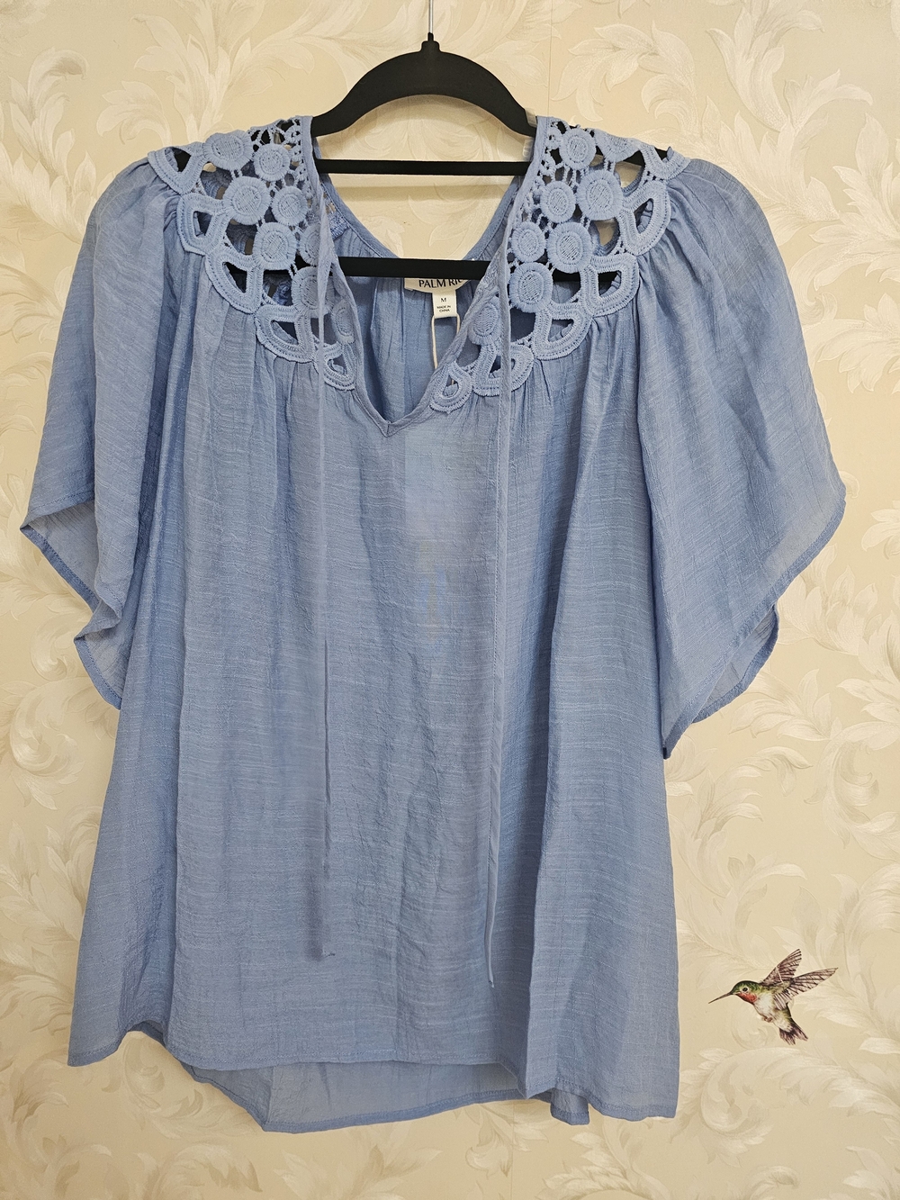 Light Blue Crochet-Yoke Flutter Sleeve Top